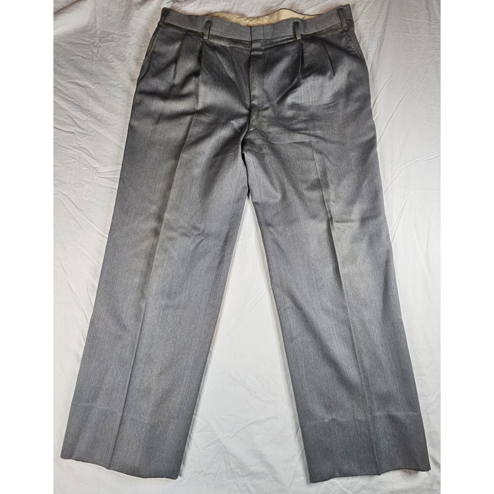 Custom Made Vintage Gray Pleated Dress Pants Men's 46x31 Wool Blend Trousers